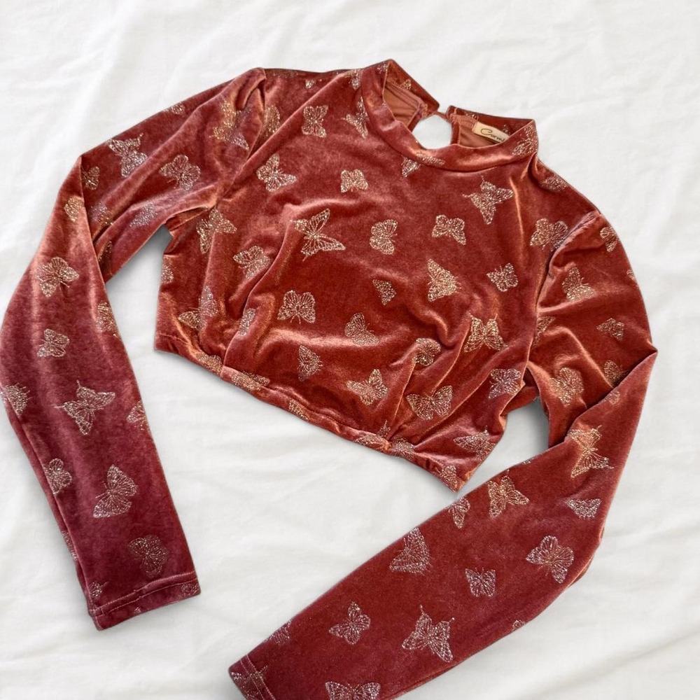 Carmin Butterfly Velvet Crop Top Pink Y2K Fairy Mock Neck Long Sleeve M